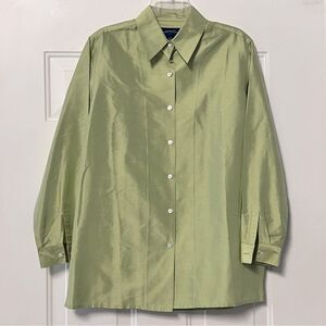 VTG 90s Charter Club Pastel Mint Raw Silk Button Down Vent Hem Blouse Tunic S